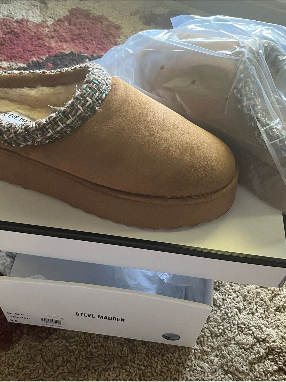 Steve Madden Tan Suede Slip-On Platform Slippers with Knit Collar